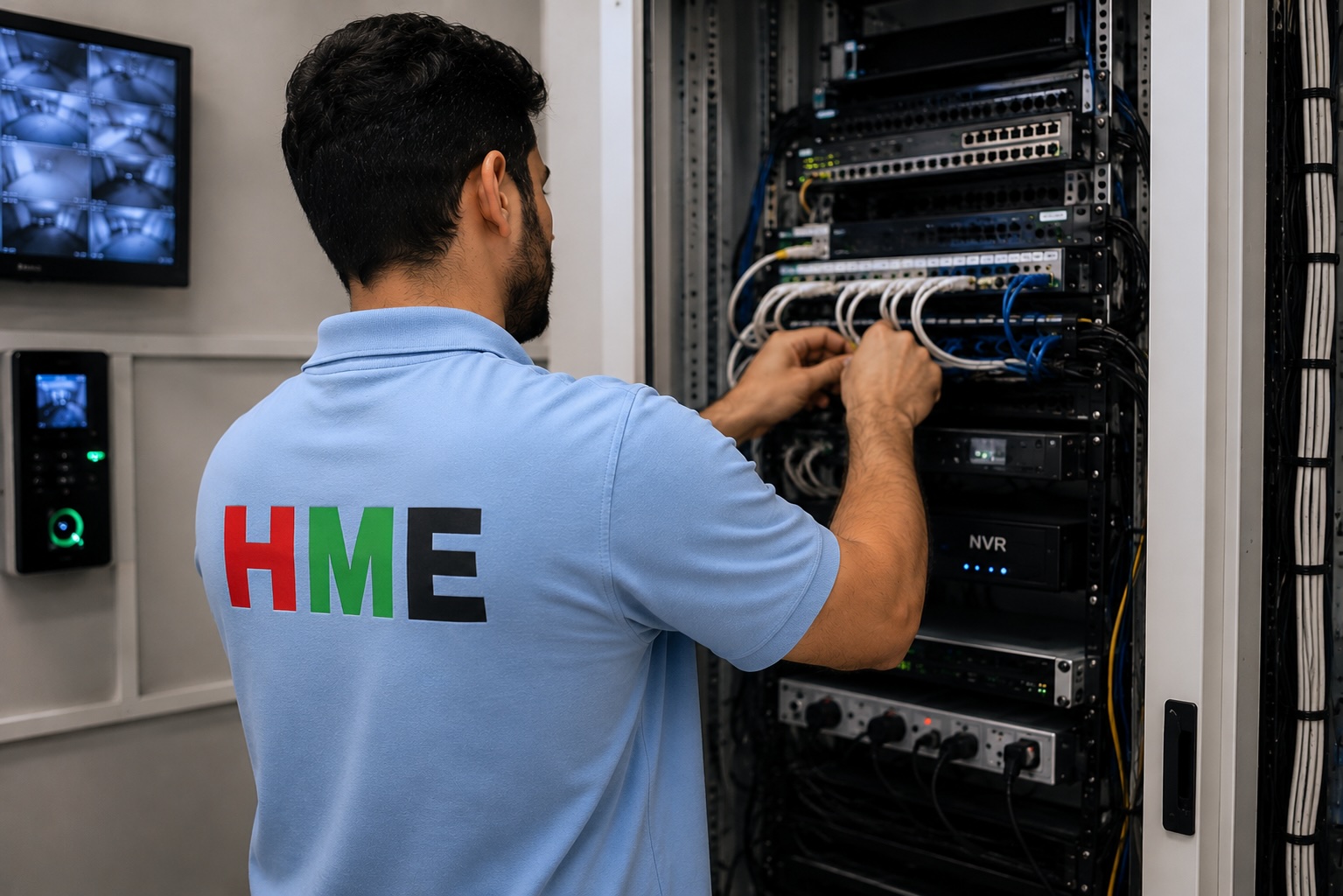 HME technician installing security and ELV systems across the UAE and Oman